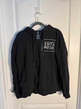 Hustler Beverly Hills Y2k Black Zip-Up Hoodie with 1974 Patch Sz XL